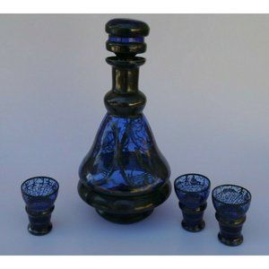 Vintage Mid Century Cobalt Blue Silver Overlay Painted Decanter Set 4 Pieces MCM